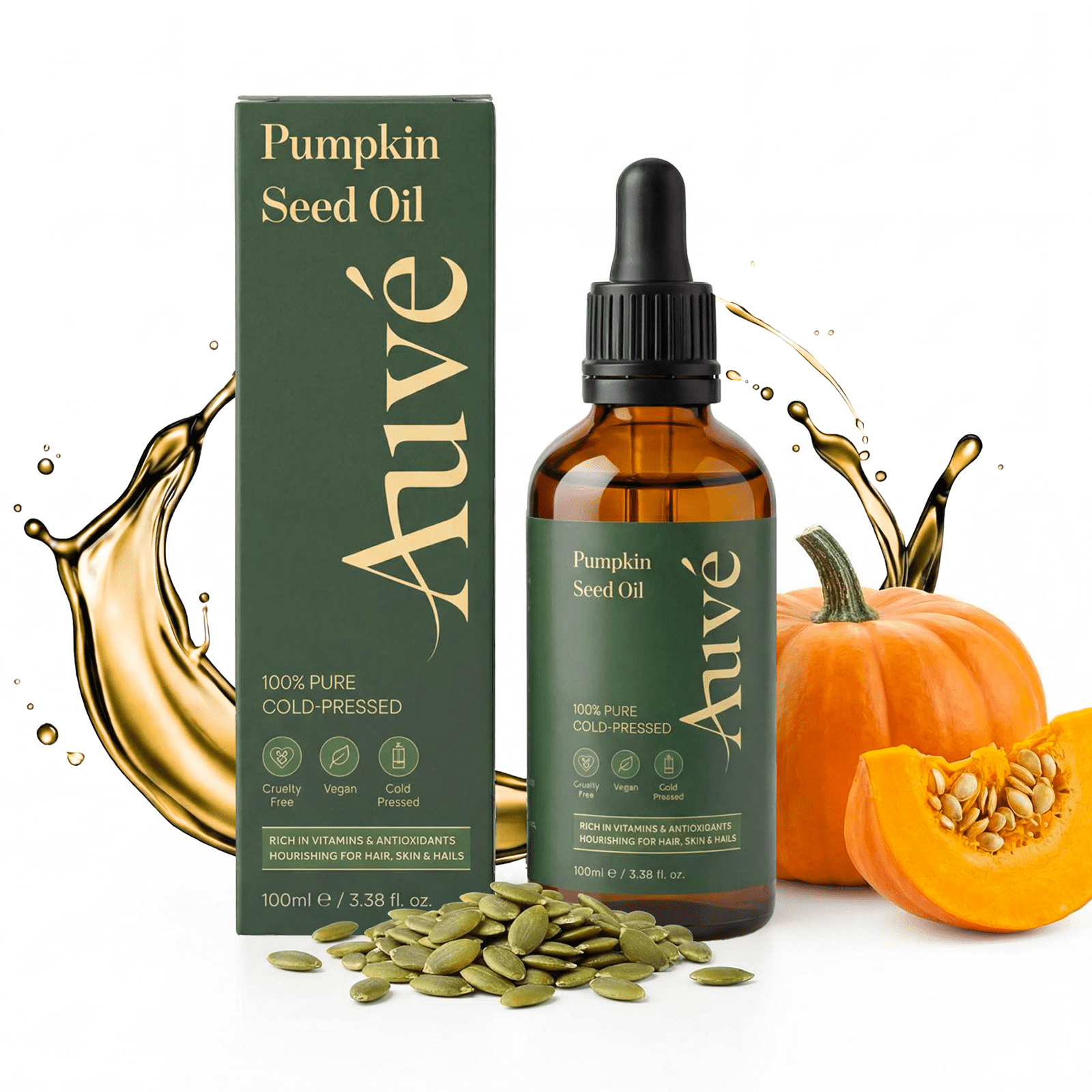Auvé hair oil bottle with pumpkin seeds representing natural hair oil